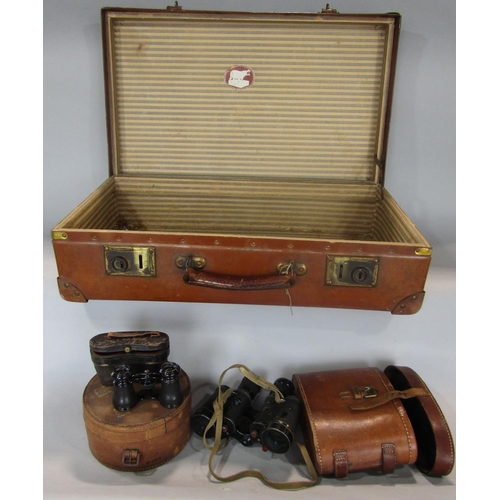 628 - A mixed lot to include a vintage leather suitcase, vintage pair of binoculars, collar box and opera ... 