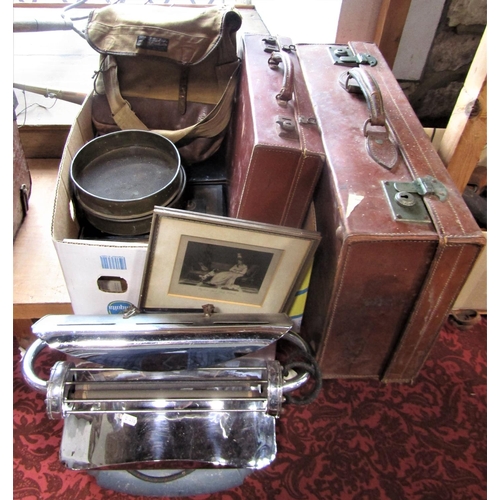 631 - Mixed lot to include a set of three Endecotts test sieves, two japanned tin money boxes, various lea... 