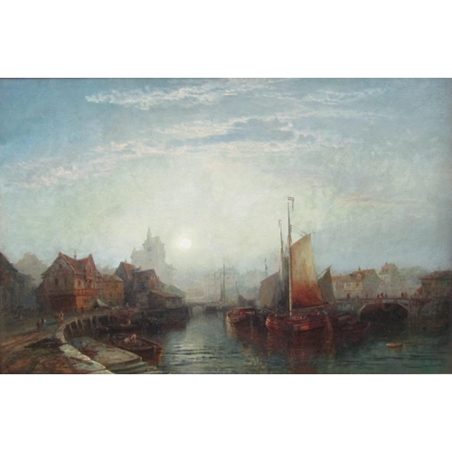 719 - George Gregory (British 1849-1938) - A continental harbour scene, sunrise or sunset, with sailing ba... 