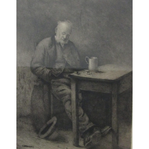 722 - Charles Spencelayh (British 1865-1958) - Exhausted - old man at a table, signed monochrome etching o... 