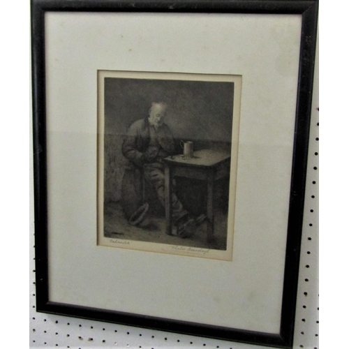 722 - Charles Spencelayh (British 1865-1958) - Exhausted - old man at a table, signed monochrome etching o... 