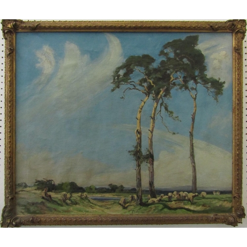 723 - Fred Hayden (British B.1874) - A landscape with grazing sheep and a figure beneath tree, oil on canv... 