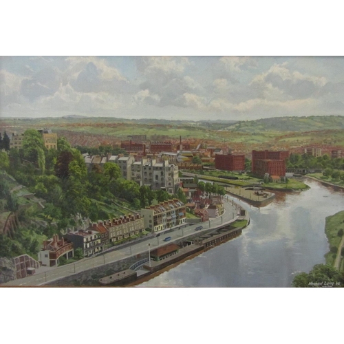 724 - Michael Long (British B.1940) - Extensive birds eye view of Bristol including the river, oil on canv... 