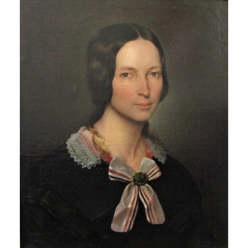 727 - Mid-19th century British school - Bust length portrait of a lady in black dress with white and red s... 