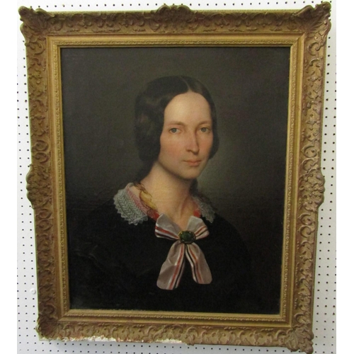 727 - Mid-19th century British school - Bust length portrait of a lady in black dress with white and red s... 