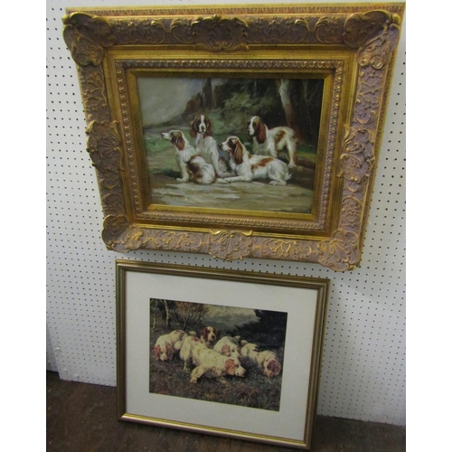 729 - Contemporary oil on board in the 19th century manner showing a group of four brown and white spaniel... 