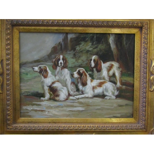 729 - Contemporary oil on board in the 19th century manner showing a group of four brown and white spaniel... 