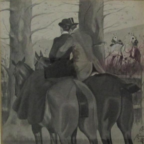 734 - Ralph J Richardson (1879-1924) - Romantic hunting scene with a pair of lovers on horseback, grisaill... 