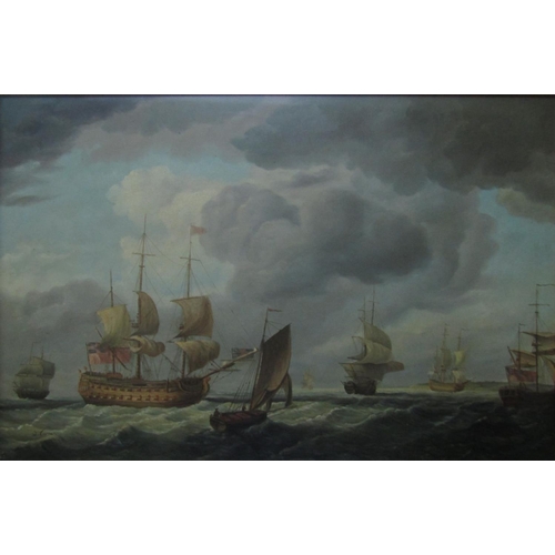 748 - W Curran (Contemporary artist) - A Marine scene in the 18th century manner with a number of battlesh... 