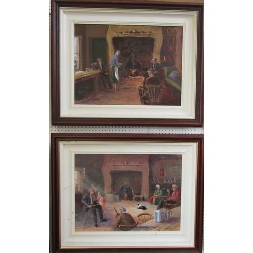 754 - Tom McGoldrick (20th century Irish school) - A pair of interior scenes with figures besides a fire, ... 