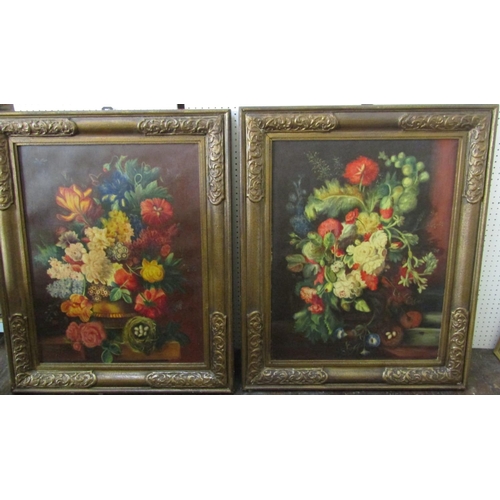 762 - A pair of 20th century oil paintings on canvas in the 19th century Dutch manner of floral still life... 