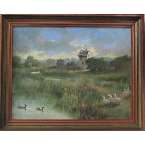 768 - Norman R Coker, (British B. 1927) - Marshland landscape with ducks and windmill, oil on board, signe... 