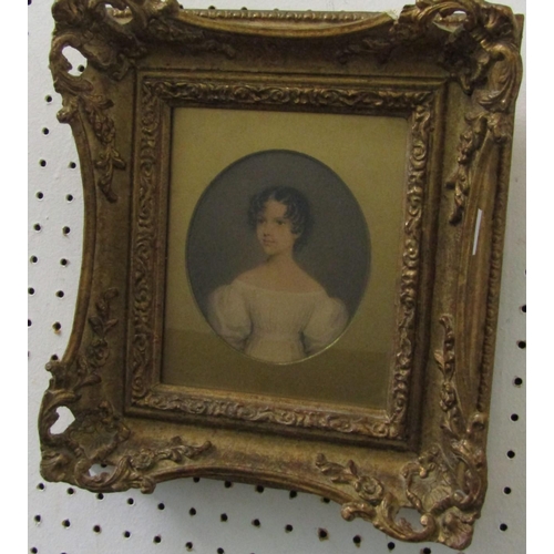 772 - Early 19th century British School - Half length portrait of a young girl in white dress, watercolour... 