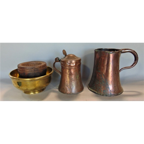 587 - Two old English copper vessels, one with hinged cover, circular cast brass bowl and treen mortar