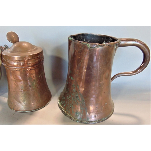 587 - Two old English copper vessels, one with hinged cover, circular cast brass bowl and treen mortar