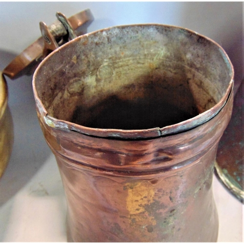 587 - Two old English copper vessels, one with hinged cover, circular cast brass bowl and treen mortar