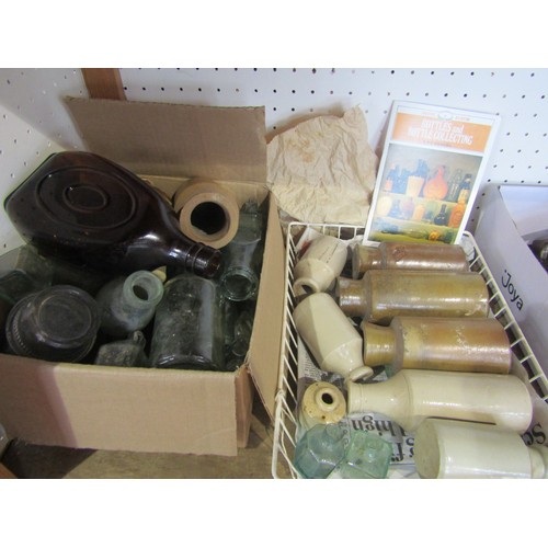 554 - A collection of antique glass and salt glazed bottles (two boxes)