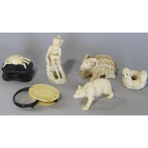 476 - A collection of late 19th century ivory carvings wolf, two rats on a coil, crab, mountain goat chara... 