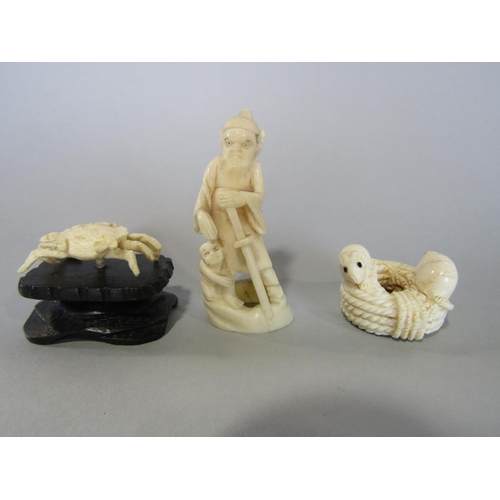 476 - A collection of late 19th century ivory carvings wolf, two rats on a coil, crab, mountain goat chara... 