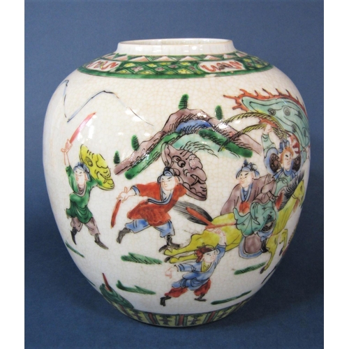 95 - A 19th century oriental ginger jar with polychrome painted equestrian warrior decoration with red fo... 