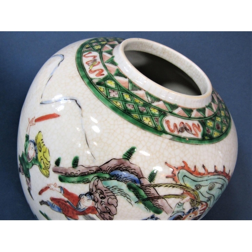 95 - A 19th century oriental ginger jar with polychrome painted equestrian warrior decoration with red fo... 