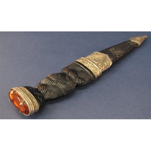 478 - 20th century Scottish dirk, the bogo type knotted handle fitted with an amber type stone with metal ... 