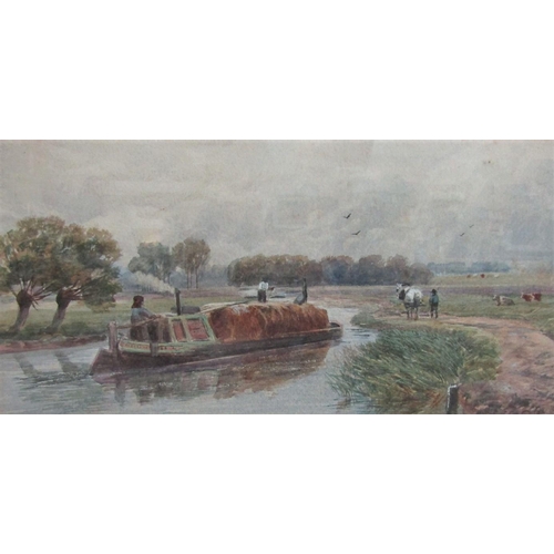 726 - Manner of David Cox Jnr (British 1809-1885) - Canal scene with horse drawn barge passing through a m... 