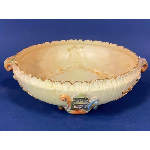 97 - A Royal Worcester two handled bowl with applied stylised leaf detail on a blush ivory ground, with p... 