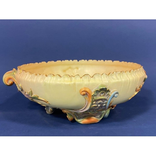 97 - A Royal Worcester two handled bowl with applied stylised leaf detail on a blush ivory ground, with p... 