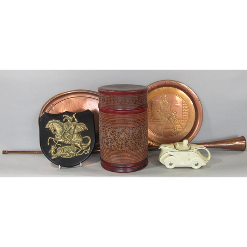 566 - A mixed lot to include eastern lacquered cylindrical box, a cast brass study of St George slaying th... 