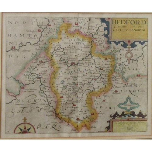1885 - A coloured engraved map of Bedfordshire after Christopher Saxton, 29 x 35.5cm approx visible sheet s... 