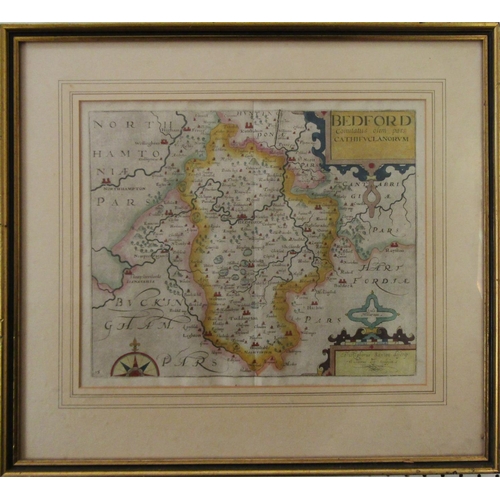 1885 - A coloured engraved map of Bedfordshire after Christopher Saxton, 29 x 35.5cm approx visible sheet s... 