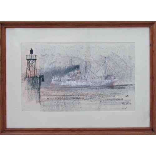 66 - Patrick Collins (Bristol Savages) - Study of a trawler near a lighthouse, signed and date 1982, mixe... 