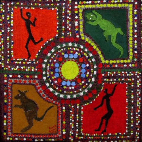 121 - Billy Bones (20th century Aboriginal school) - Native figures and animals, signed and dated 1974, em... 