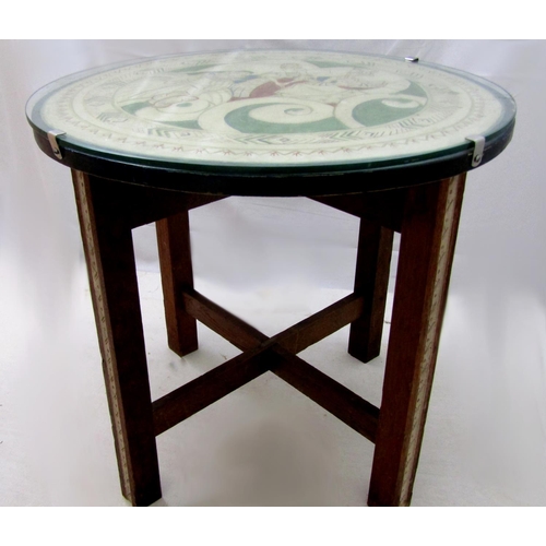 196 - Unusual Omega type coffee table, the top painted with three regal ladies upon painted chamfered teak... 