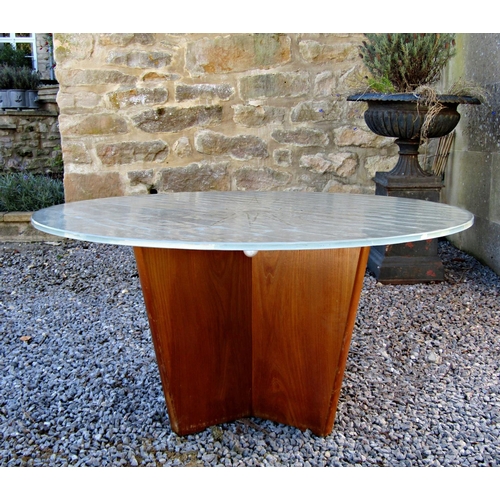 203 - Unusual 1960s teak and glass lighted coffee table, the opaque circular top with clear sunburst decor... 