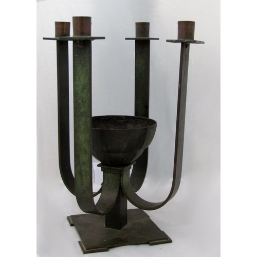 160 - Aumiller - Verdigris bronze candelabra, stamped 'Aumiller' to the base rim, 32 cm high