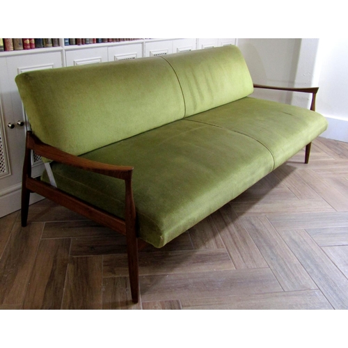 215 - I B Koford Larsen for G-Plan - teak framed day bed with green upholstery and swept arms, 205cm long