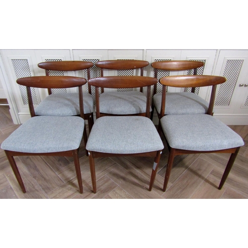 216 - Set of six 1960s teak bow back dining chairs with grey tweed upholstered seats, 75cm high x 50cm wid... 