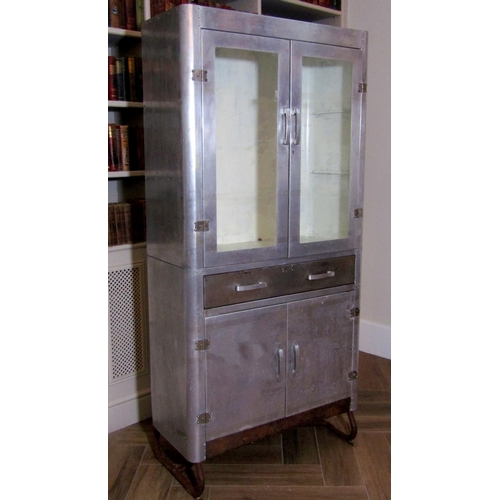 225 - Vintage Industrial aluminium medical cabinet in the manner of Airstream, two glazed doors enclosing ... 