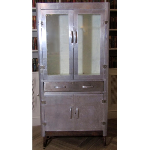 225 - Vintage Industrial aluminium medical cabinet in the manner of Airstream, two glazed doors enclosing ... 