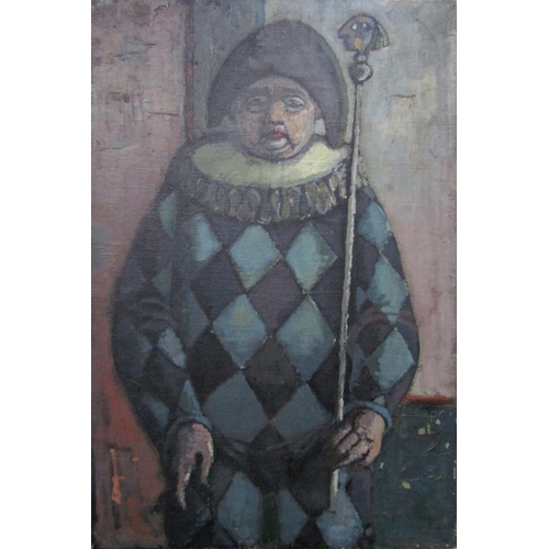 130 - In the manner of Bernard Buffet - Portrait of a Harlequin, unsigned, oil on canvas, 77 x 51 cm, unfr... 