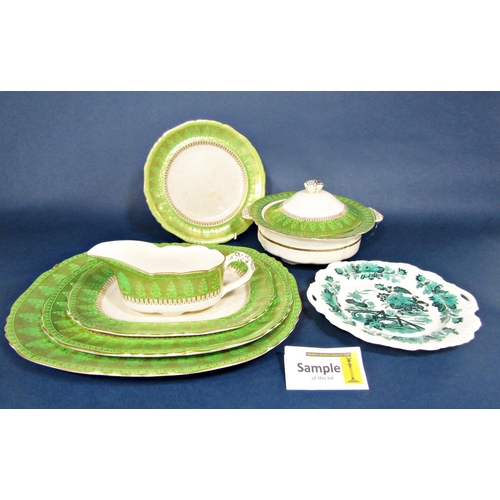 1103 - A collection of Ashworth Brothers ironstone dinnerwares with green and gilt border decoration compri... 