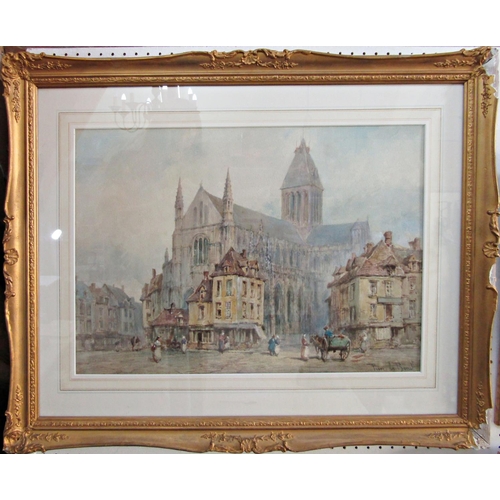 273 - Pierre Le Boeuff (Belgian fl. 1899 - 1920) - Busy city scene with cathedral, figures, etc, watercolo... 