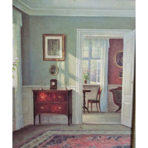 269 - After Hans Hilsoe (Danish, 1871-1942) - Interior scene, coloured oil effect print on board, inscribe... 