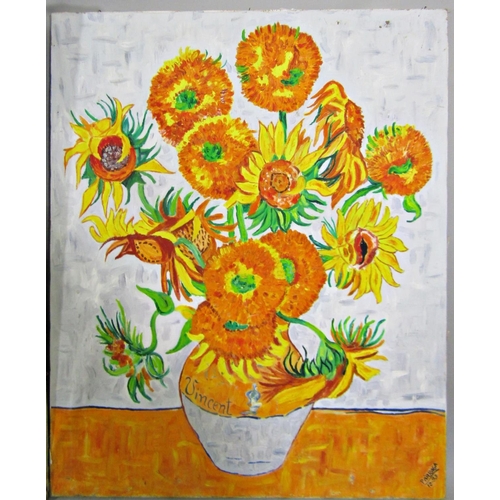 223 - Parraga (20th century Spanish school) - Pair of oil paintings on canvas after Vincent Van Gogh, vase... 