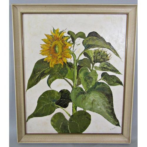 224 - Study of a sunflower, oil on canvas, signed, 61 x 50cm approx, framed, together with an oriental sil... 