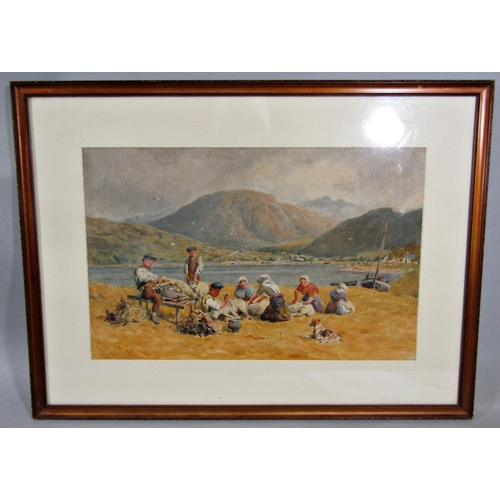 235 - Late 19th/early 20th century British school - Sheep shearing scene set in a mountainous landscape, p... 