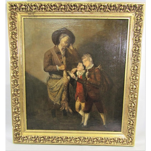 249 - Early 19th century British school - Study of a street vendor with two young boys, oil on canvas, pos... 