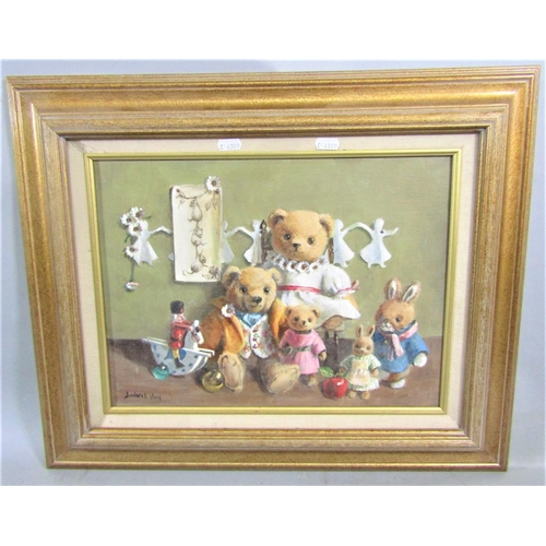 250 - Deborah Jones (British 1921-2012) - Study of a group of teddies and other toys, oil on canvas, signe... 